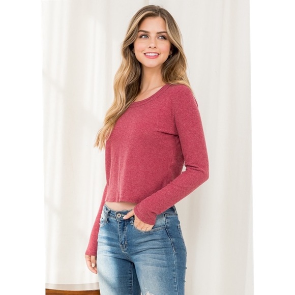 Raspberry Round Neck Long Sleeve Ribbed Tee - Picture 4 of 16